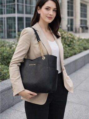 Michael Kors Black Leather Tote with Gold Chain Handles